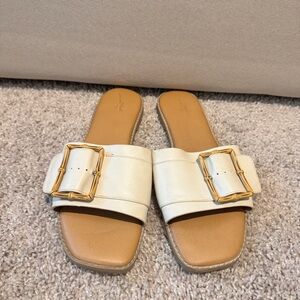 White Slide Sandals with Gold Buckle
